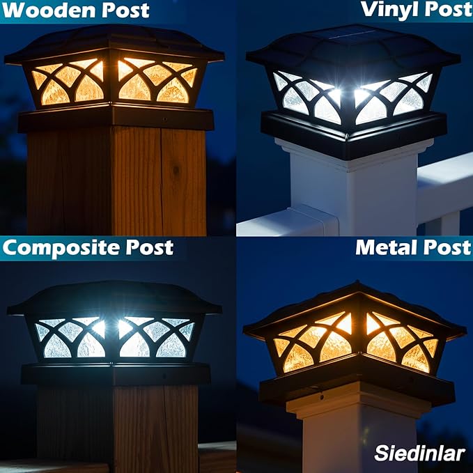 SIEDiNLAR Solar Post Cap Lights Outdoor Glass 2 Color Modes 8 LEDs for 4x4 5x5 6x6 Posts Deck Fence Patio Decoration Warm White & Cool White Lighting Black (6 Pack)