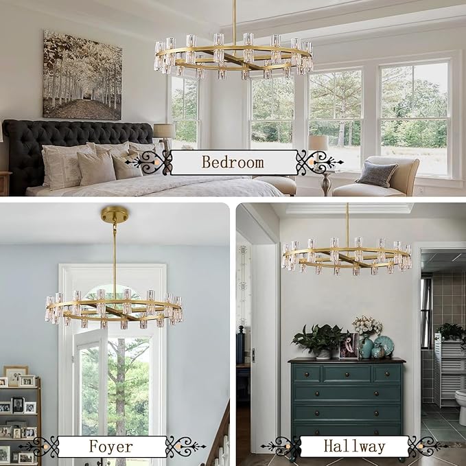 Dia 32" Gold Wagon Wheel Chandelier, 32-Lights Farmhouse Pendant Light Fixture, Round Rustic Hanging Lighting for Dining Room Kitchen Island Foyer Entryway