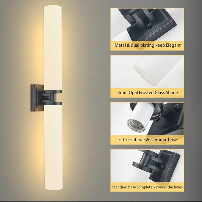 Black Wall Sconces Set of Two, Modern Bathroom Sconce with Frosted Glass, Hardwired Wall Light Fixtures for Bathroom Living Room Bedroom Hallway (Bulbs Not Included)