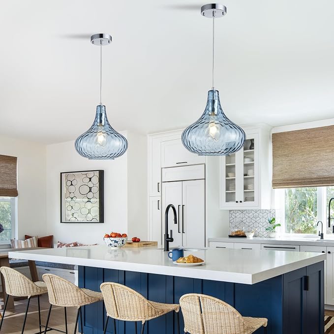 11 Inch Blue Hammered Glass Pendant Light Brushed Nickel Ceiling Lamp | Adjustable hanging cord, warm soft diffused light, decor for dining space, kitchen island, hallway and living room