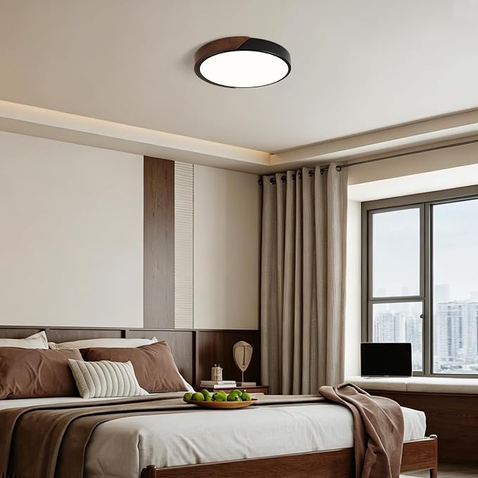 Modern LED Ceiling Light, Dark Walnut Wood Flush Mount Ceiling Light Fixture, 4000K Not Dimmable, Minimalist Circle Lighting Lamp with Acrylic Lampshade for Hallway Entryway Bedroom 11.8"