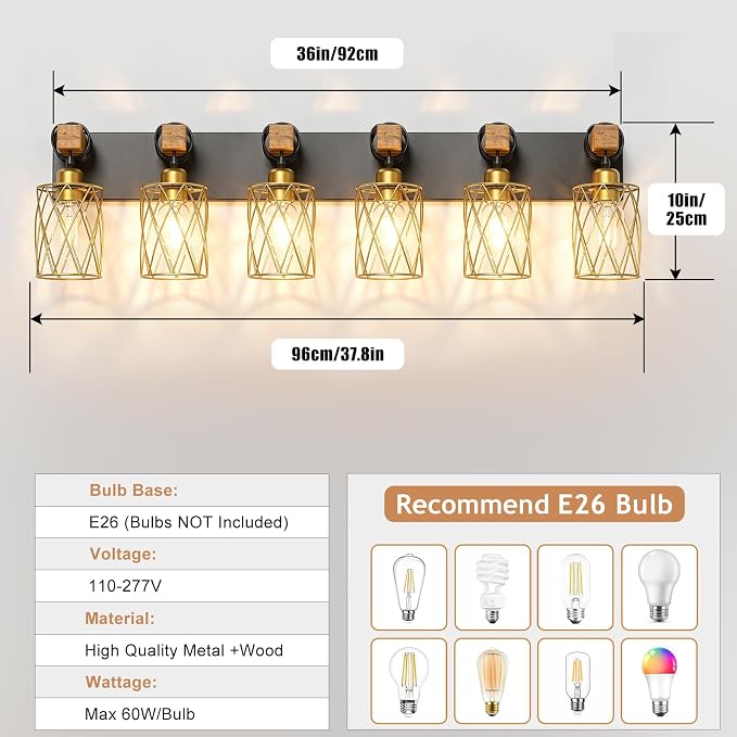 IZORRO Farmhouse Bathroom Vanity Light, 6-Light Wood Bathroom Light Fixtures Over Mirror, Black and Gold Industrial Vanity Lights with Metal Shade, Rustic Restroom Lighting Fixtures