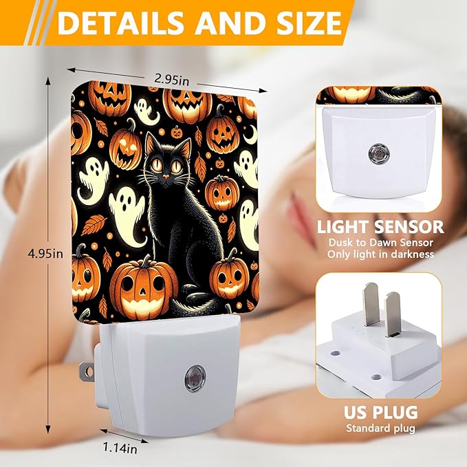 Smiling Pumpkin Night Light, Plug-into Halloween Ghost Black Cat Nightlight White LED Lamp, Energy Efficient Decor Desk Lamp for Bedroom Hallway Stairs Bathroom