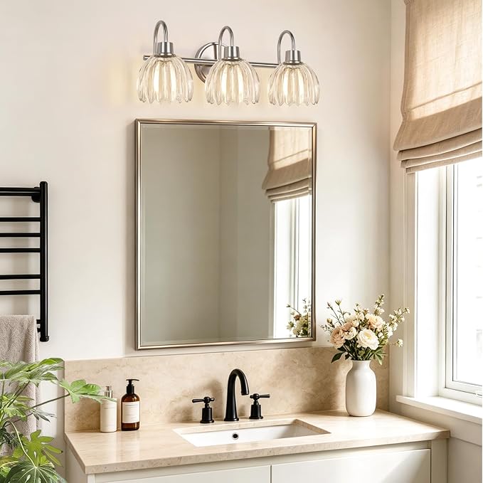3-Light Bathroom Light Fixtures, 20" Vanity Light Over Mirror with Ribbed Clear Tulip Glass Shades, Brushed Nickel Wall Lights for Bathroom, Bedroom, Living Room, Hallway (Bulb Not Included)