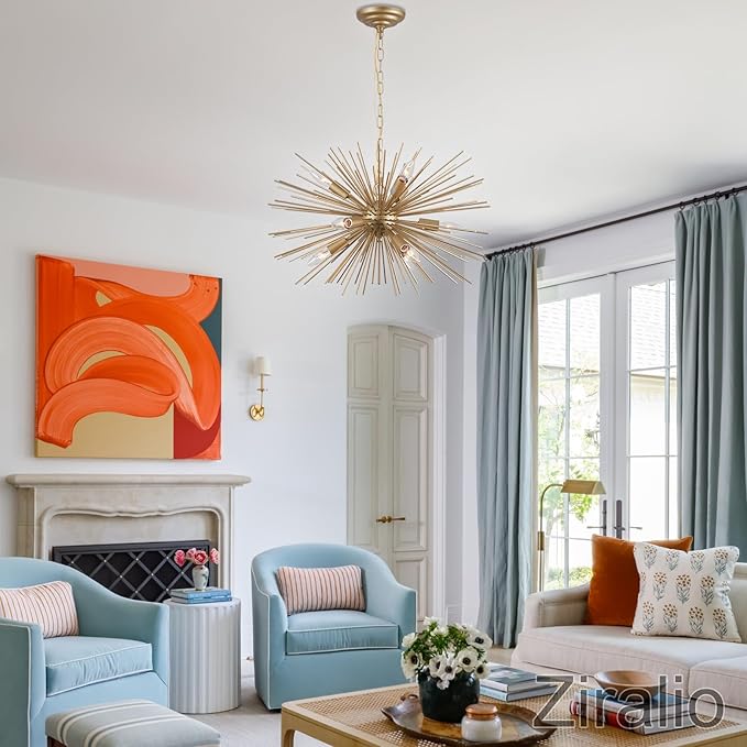24" Modern Golden Sputnik Chandelier 9-Lights Mid-Century Modern Luxury Starburst Chandelier Gold Solid Metal Satellite Sputnik Chandeliers for Dining Room, Kitchen, Bedroom, Living Room