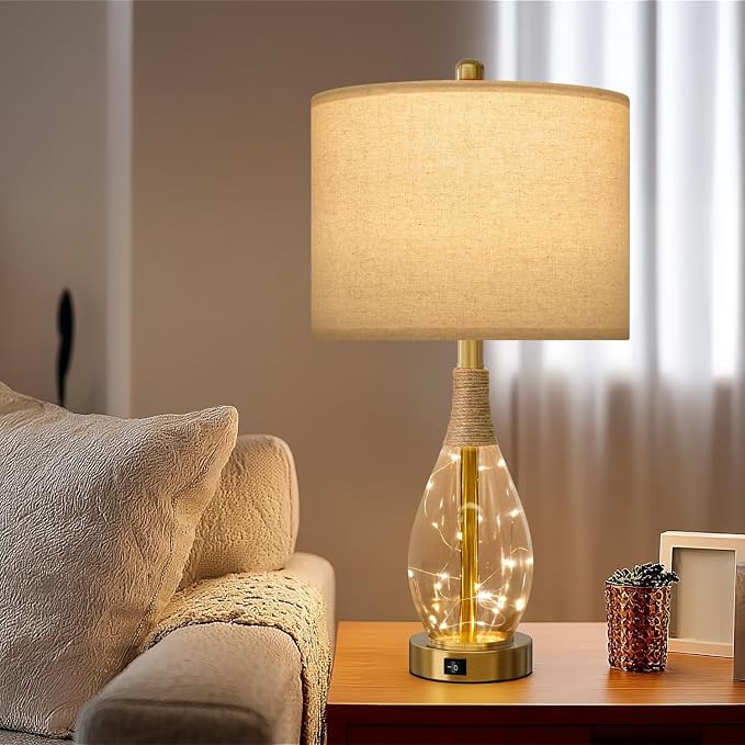 23" Table Lamps for Living Room Set of 2 Bedside Lamps for Night Stands Bedroom Lamps Farmhouse Rattan Boho Lamp Glass Nightlight End Table Lamp with USB C+A (Gold),Two Light Points