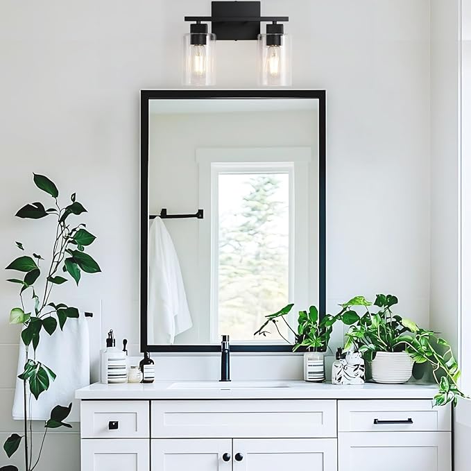 2 Pack Matte Black 2-Light Bathroom Light Fixtures,Bathroom Vanity Light Over Mirror with Square Clear Glass Shade,Modern Farmhouse Wall Sconces Lighting for Bedroom Living Room Foyer Cabinet