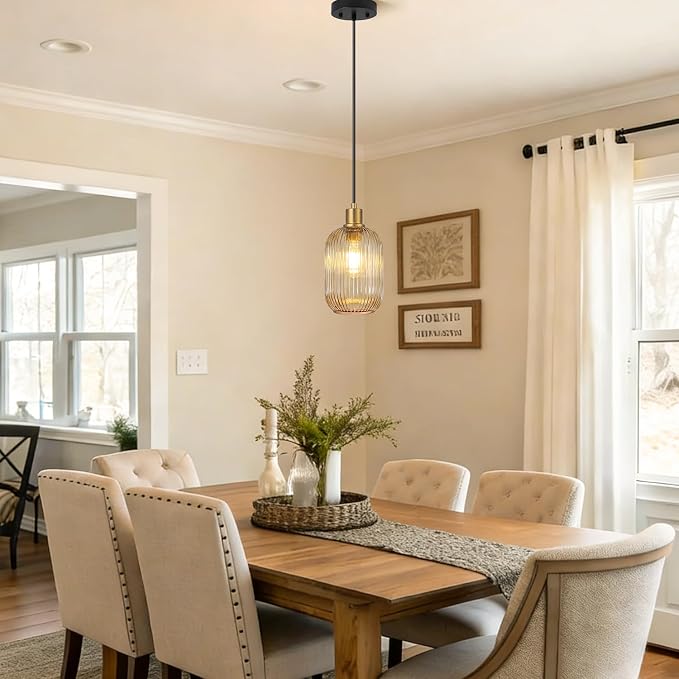 2 Pack Pendant Lights with Vintage Amber Ribbed Glass Lampshade, Adjustable Black and Gold Pendant Lights Fixtures for Kitchen Island Lighting Sink, Dining & Living Room Hallway (Bulbs Not Included)