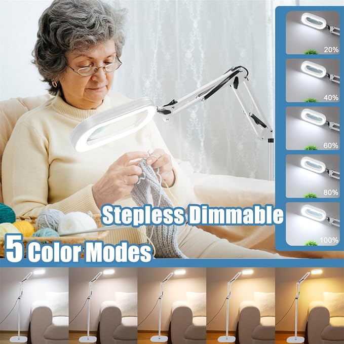 IVMAIE 12X Magnifying Glass with Light and Stand, Real Glass Lens, 5 Color Modes LED Dimmable Lighted, 3-in-1 Floor Lamp with Clamp, Hands Free Magnifier for Reading, Sewing Painting Close Work, White