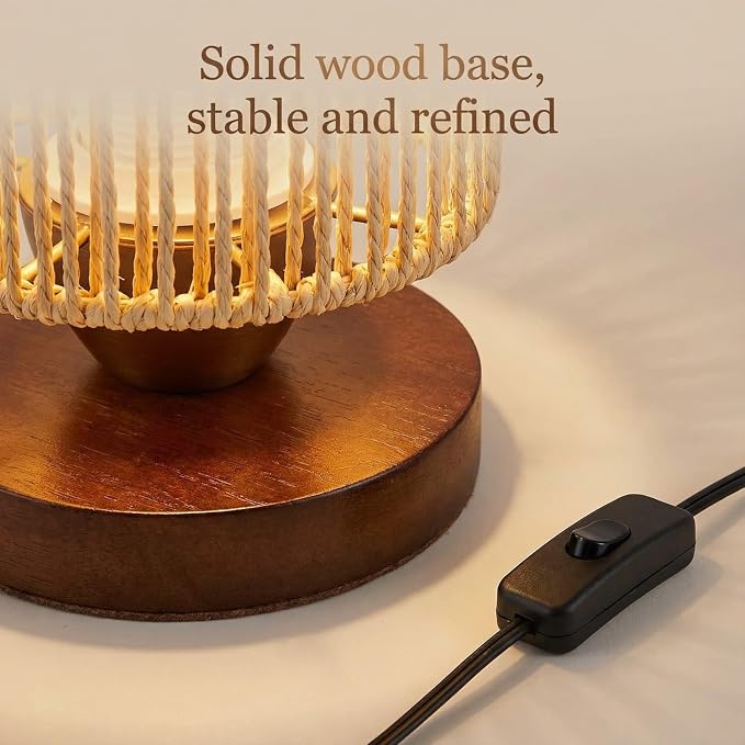 Small Rattan Table Lamp for Bedroom, Boho Bedside Lamp with Warm LED Bulb, Handwoven Wicker Nightstand Lamp for Nursery, Entryway & Dorm, Mini Ambient Night Light with Wood Base (8.6" Tall)