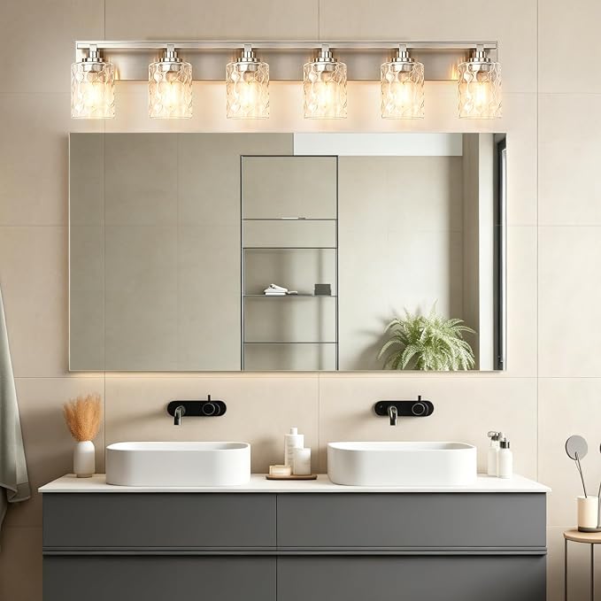 Modern Bathroom Lighting Fixtures Over Mirror, Vanity Lights for Bathroom, Wall Sconces with Clear Glass Shades, E26 Ceramic Socket, 6-Light 43-inch Brushed Nickel