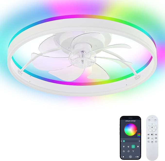 Smart Ceiling Fans with RGB Lights Remote - 20'' Flush Mount Low Profile Modern Ceiling Fans for Bedroom - Stepless Color Temperature and 6 Speeds