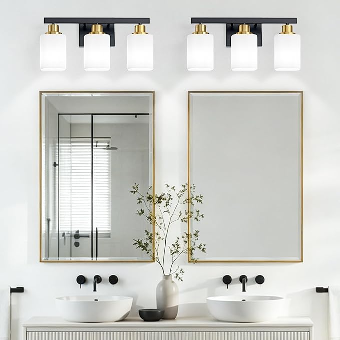 Black and Gold Vanity Light,3-Light Bathroom Light Fixtures,17" | Modern Bathroom Light Fixtures with Square Frosted Glass,Wall Sconces Lighting fixtures Over Mirror Restroom, Living Room