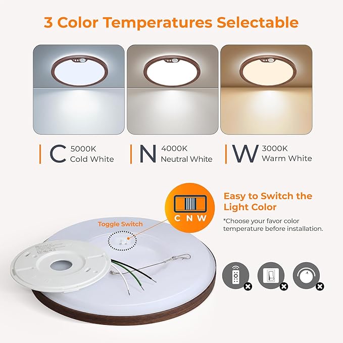 Motion Sensor Ceiling Light Wired, 8.7 Inch 3000K 4000K 5000K Selectable LED Flush Mount Light Fixture, Motion Activated Light with Timer for Hallway Stair Walk-in Closet, Non-Dimmable - Walnut