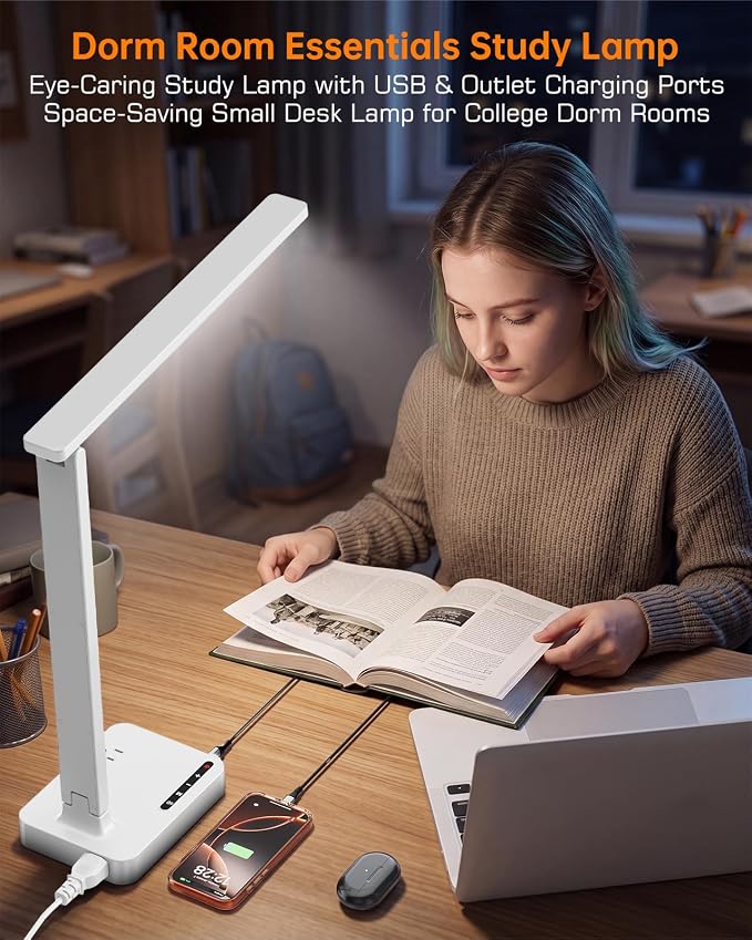 LED Desk Lamp for Dorm Office, USB-C & 2 AC Outlets Charging, White | LED Desk Lamps for Home Office with 2 USB Charging Ports(1 USB-C), 2 AC Outlets, Foldable Small Desk Lamp for Study Reading