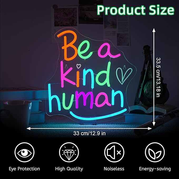 LED Neon Signs for Wall Decor Be a Kind Human Colorful Letter Inspirational Words Neon Light USB Powered Dimmable Light up sign for Bedroom Home Party Gift Class Room Decor