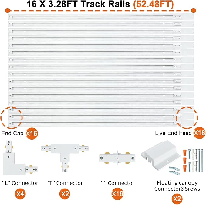 52FT H Track Lighting Rail Kit, White H Type Track Lighting Rails with Floating Canopy Connector, I&L&T Connector, End Caps and Live End Feed for 120V H Style 3-Wire Track Heads