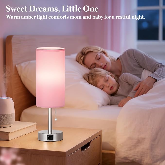 Pink Bedside Table Lamp for Bedroom - Small Nightstand Lamp for Girls | 3 Color Temp, USB A+C Ports, LED Bulb Included, Soft Pink Fabric Shade, Sleek Silver Metal Base, 14" Desk Lamp for Kids Dorm