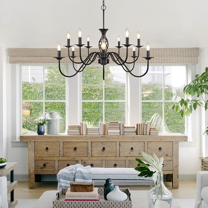 12-Light Farmhouse Candle Chandelier for Living Room, Rustic Industrial Pendant Ceiling Light Fixture, Vintage Hanging Lamp for Bedroom Hallway Kitchen Dining Room Foyer, Matte Black E12 Socket