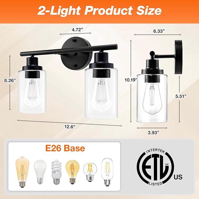 LEDVANCE Sylvania Modern Bathroom Light Fixture with 2 Clear Glass Shades, Iron with Black Finish, E26 Medium Base, Vanity Lights for Bathrooms, Foyers, Entryways - 1 Pack (67971)