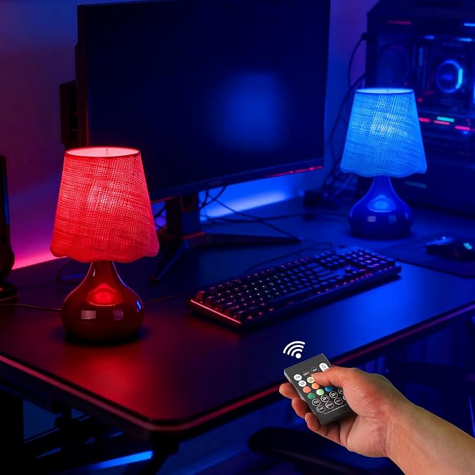 Cordless Table Lamp Rechargeable, Navy Blue Mini Bedroom Lamps for Bedside Nightstand, Rattan Shade Small Table Lamps for Small Spaces for Kitchen Counter, Bookshelf, Home Office, Living Room, Dorm
