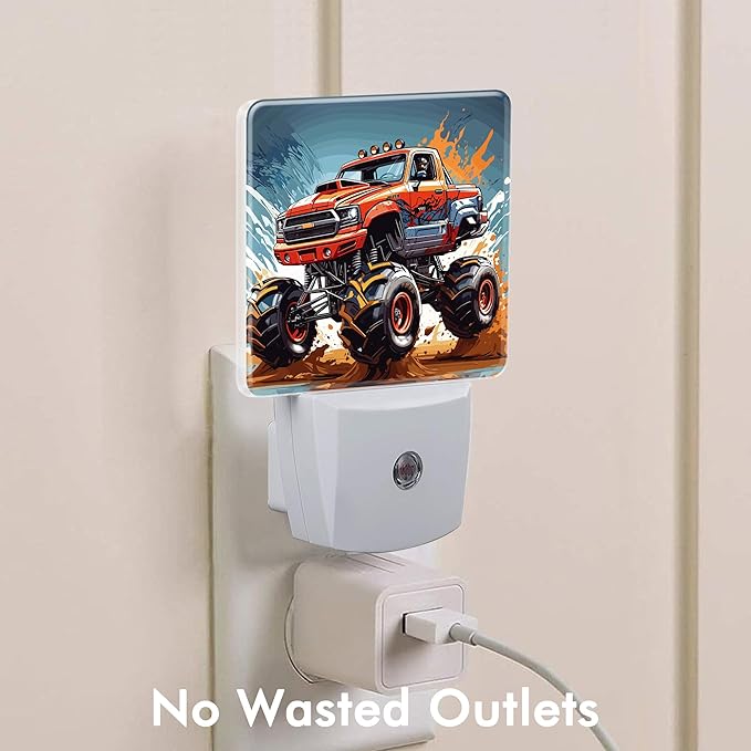 Cartoon Monster Truck Night Light,Plug into Wall with Dusk to Dawn Light Sensors,LED Nightlights for Bedroom,Bathroom,Kitchen,Hallway,Room Decor for Boys Girls Women Men