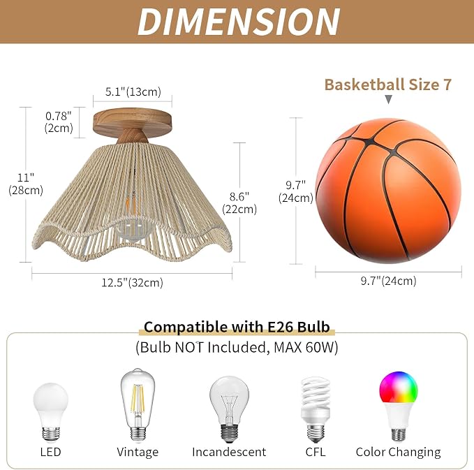 D12.5 Inch Boho Light Fixtures Flush Mount Mini Chandelier Woven Rattan Ceiling Light Fixture for Bedroom Hallway Bathroom Nursery Room