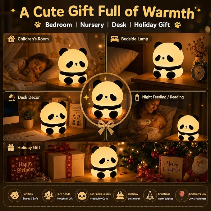 Cute Panda Night Light for Kids, Silicone Baby Squishy Lamp, 3-Level Dimmable Nursery Light for Bedroom, Rechargeable Portable Lamp, Desk Decor Birthday Christmas White Elephant Gift
