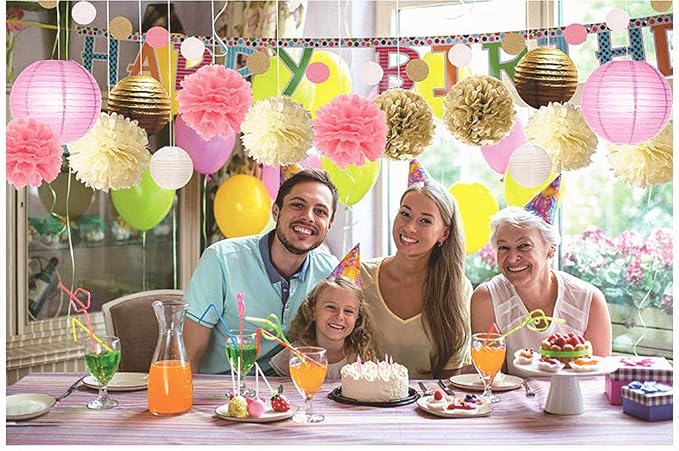 Folding Round Paper Lantern Reusable Chinese/Japanese Style Hanging Ornament Lamp Cover for Garden Birthday Party Decoration Supplies(Pink,10pcs Assorted Sizes)