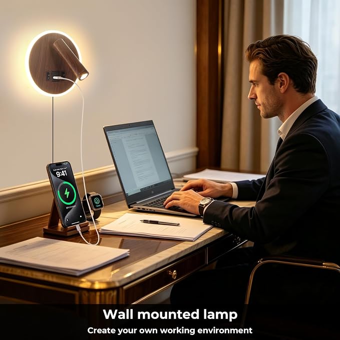 Plug in Wall Light with Wall Mounted Reading Lights with Switch | Wall Lamp for Bedroom with USB C+A Ports, Headboard Light with 3W+9W Night Light, Walnut Color Reading Light Adjustable Angle