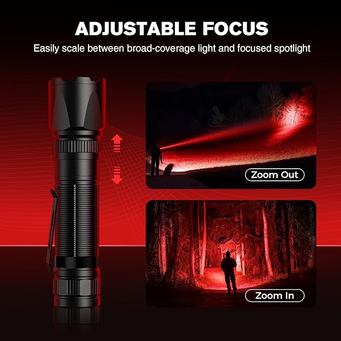 RECHOO Red Light Flashlight, High-Powered 3 Modes Red LED Rechargeable Flashlights with Clip & Lanyard, Zoomable and Portable Red Flashlights for Hunting, Astronomy, Aviation, Night Observation