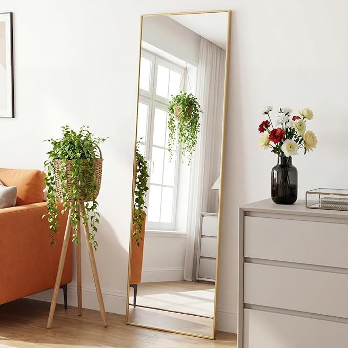 DUMOS Full Length Mirror for Bedroom, 56"x15" Full Body Mirror with Stand, Hanging or Leaning for Wall, Aluminum Alloy Thin Frame Floor Standing for Living Room, Long, Gold