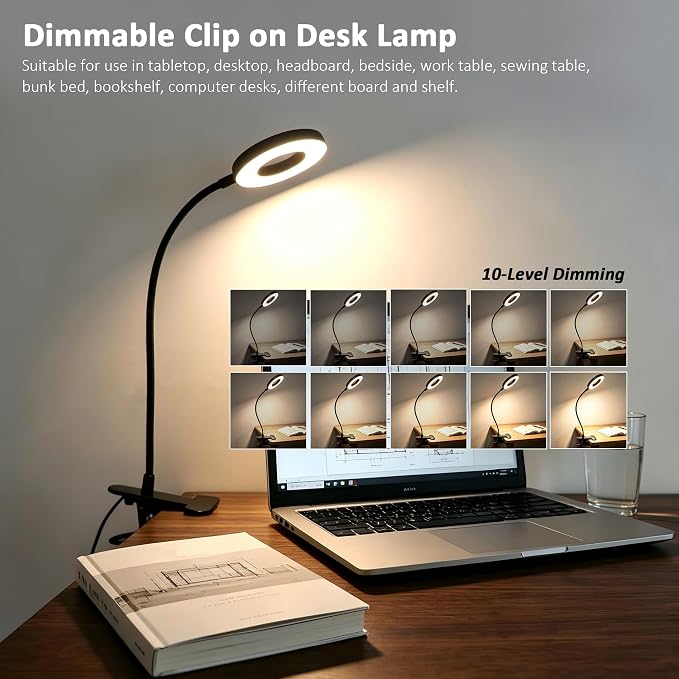 Akynite Desk Lamp Clip on Light, 48 LED Clamp Lamp, 5 Color 10 Brightness | USB Powered with Adapter, 360° Flexible Gooseneck, Eye Protection, Reading Book Lights Clamp on for Bed Home Office Study