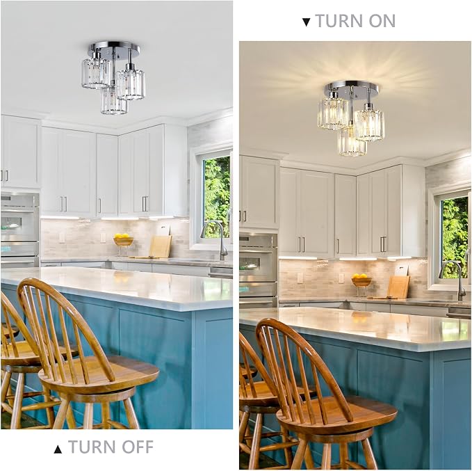 PAUFUL Semi Flush Mount Ceiling Light,3-Light Modern Close to Ceiling Light Fixtures,Kitchen Light with Clear Crystal Shades, Hallway Light Fixtures for Kitchen Entryway Bedroom Bathroom Foyer