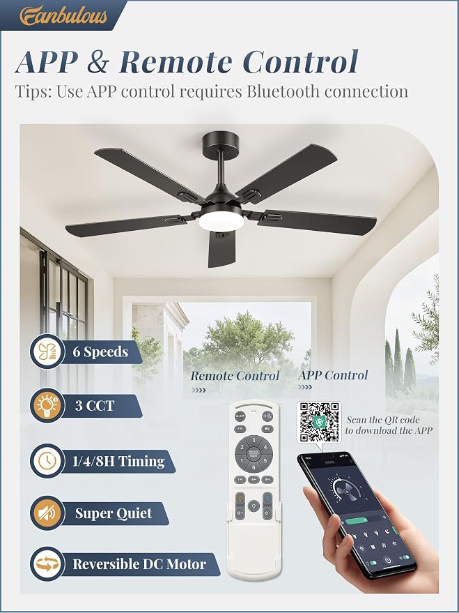Fanbulous 52 Inch Modern Ceiling Fans with Lights | 6 Speeds,3CCT,Timer,Remote Control,Quiet Reversible DC motor,5 Double-sided Blades,Outdoor,Easy Installation,Black