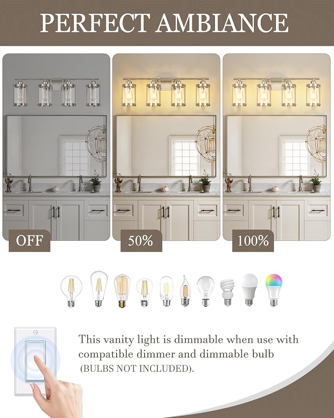 4-Light Brushed Nickel Bathroom Light Fixtures, 29 Inch Modern Bathroom Vanity Lighting Fixtures Over Mirror with Clear Glass and Metal Cage Wall Sconce Lights for Bath, E26, OS-3014BN-4W