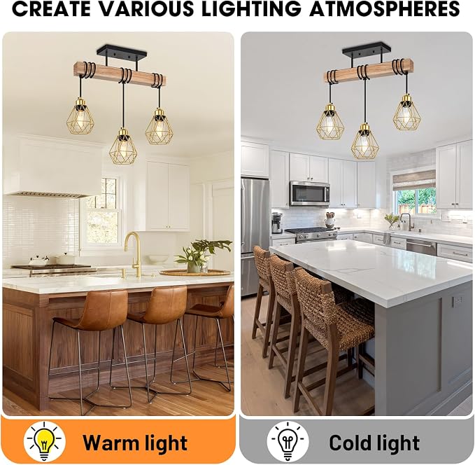 3-Lights Dining Room Light Fixture Over Table, Wood Kitchen Island Lighting Hanging, Farmhouse Chandelier for Dining Room, Black Pendant Light Fixtures with Gold Metal Cage for Bar Restaurant