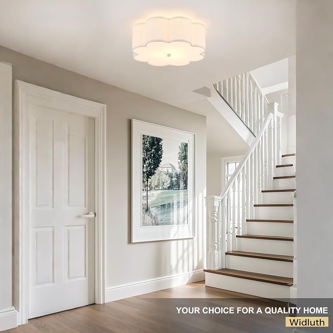 17.7" White Semi Flush Mount Ceiling Light, Linen 3-Light Fixture | White Linen Petal Shade, Modern Style For Bedroom, Hallway,Kitchen And Laundry; Close-To-Ceiling, E26, Dimmable