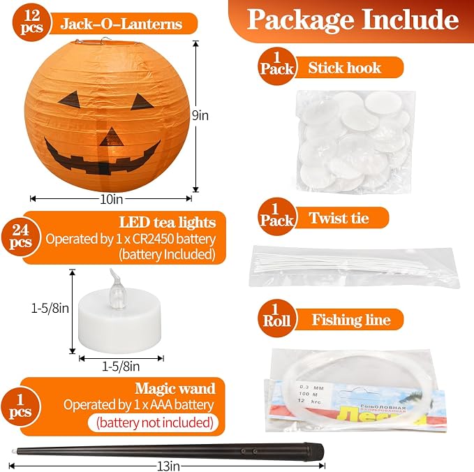 12pcs 10in Floating Jack-O-Lanterns | with Wand Remote and 24pcs LED Tea Lights for Decor