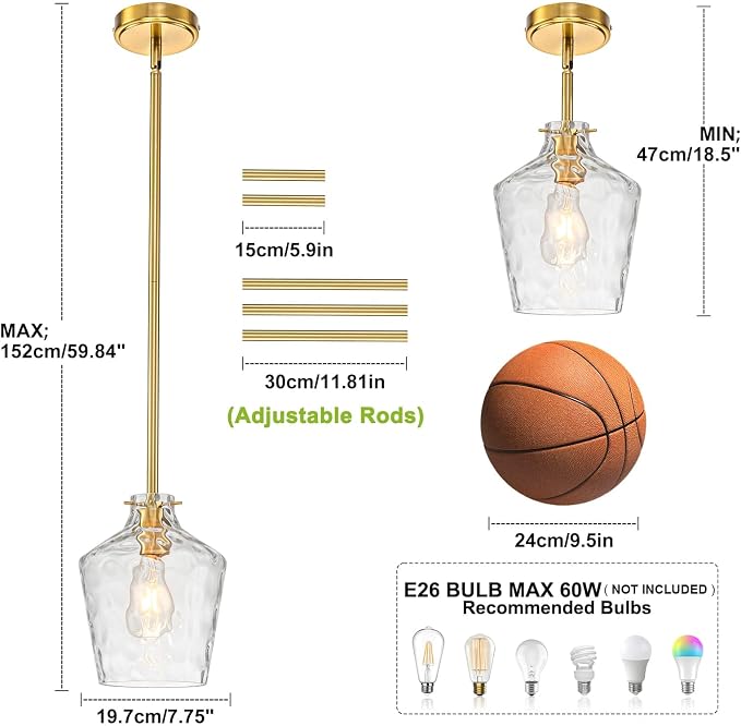 foucasal Modern Hammered Glass Pendant Lighting for Kitchen Island, Adjustable Height Rods Hanging Light with Ceramic E26 Light Socket for Dining Room Foyer Bedroom Bathroom Gold
