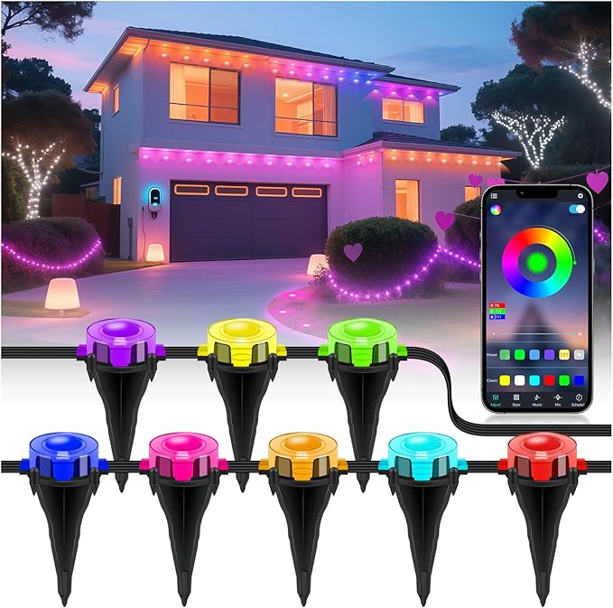 Outdoor Ground Lights 200 FT, Permanent Outdoor Lights for House with RGB Color Changing, Bluetooth Music Sync, IP67 Waterproof, Timer, for Eaves and Landscape Outdoor Lights.
