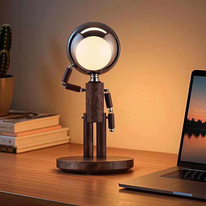 Cordless Table Lamp, Rechargeable Wooden Desk Lamp, Dimmable, Gift | Black Walnut, Touch Control, 3 Color Temperatures, Stepless Dimming, Home Decor, Gifts, Nightstand Robot Lamp