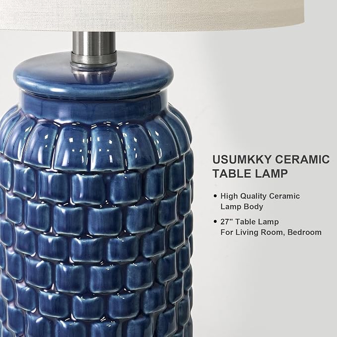 USumkky 27" Ceramic Table Lamps Set of 2 - Modern Farmhouse & Boho Style, Bedside Nightstand Lamps for Bedroom, Living Room End Table Lamps, Small Desk Lamp(Blue)