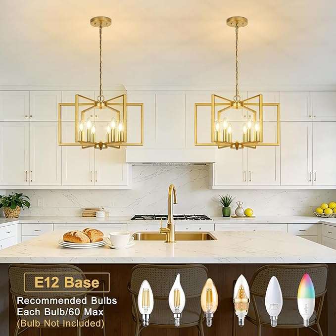 6 Light Gold Chandelier, Dining Room Light Fixture, Modern Farmhouse Industrial Metal Geometric Ceiling Light Rustic Hanging Pendant Lights with E12 base for Kitchen Island Entryway Foyer, Indoor