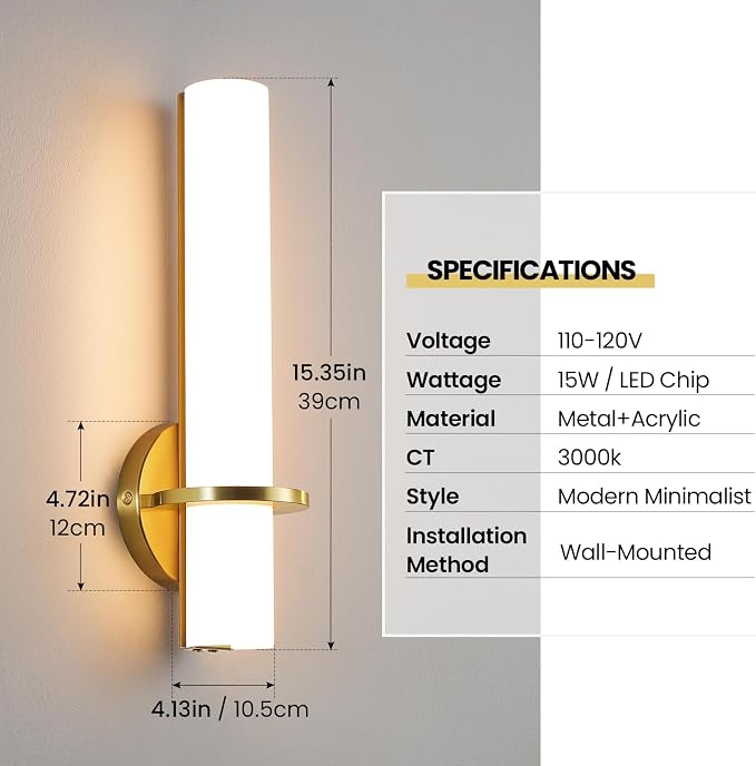 AIJIASI Wall Sconces - 15 inch Gold Wall Sconces Set of Two Modern Bathroom Sconce 15W Dimmable LED Wall Sconce Light with Acrylic Lampshade, Bathroom Vanity Light for Mirror Living Room Hallway 3000K