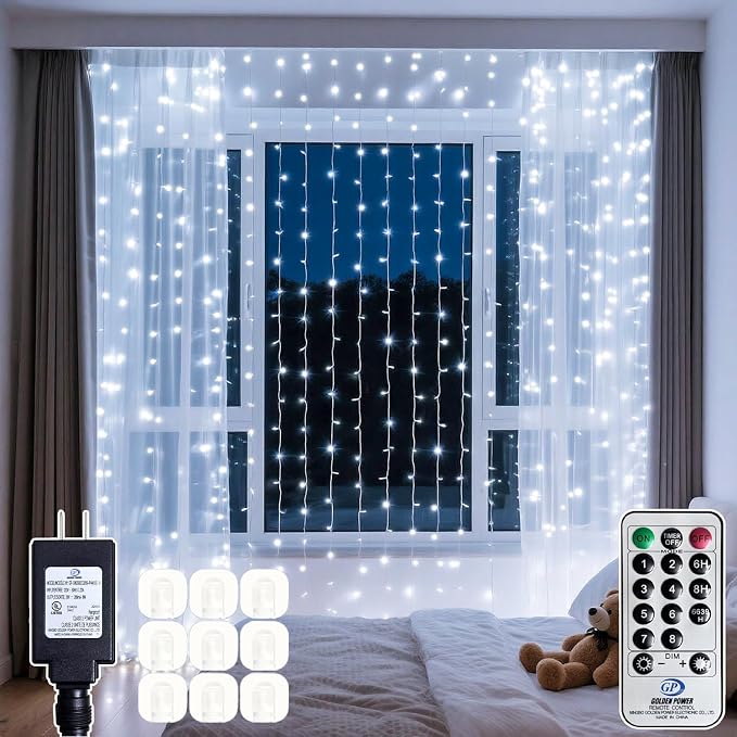 200 LED Cool White Curtain String Lights 9.8x6.6FT, Plug in Fairy Lights with 9 Hooks Dimmable Timer & 8 Modes, IP44 Waterproof, Bedroom Office Wall Wedding Party Christmas Indoor Outdoor Decor