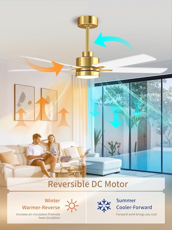 LANMEL Metal Ceiling Fan with Lights and Remote, 52 Inch, Gold & White | Modern Low Profile Flush Mount, Reversible, 3CCT Dimmable, Quiet, LED, For Bedroom, Living Room, Indoor/Outdoor Patio Use