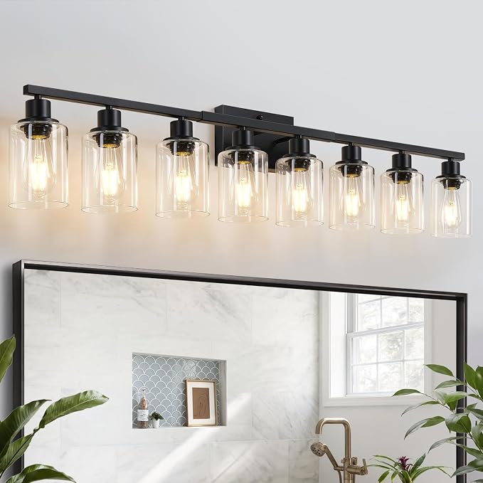 MOKATNG 8-Light Bathroom Light Fixtures, Vanity Light with Clear Glass Shades, Matte Black Bathroom Light Fixtures Over Mirror, Modern Bathroom Wall Lamp for Mirror Living Room Cabinet Bedroom