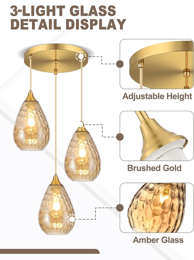 3-Light Pendant Lighting Dining Room Lights Fixture Over Table | Amber Hammered Glass, Brushed Gold, Farmhouse, Hardwired, E26, Cluster Hanging Lights for Kitchen Island, Dining Room