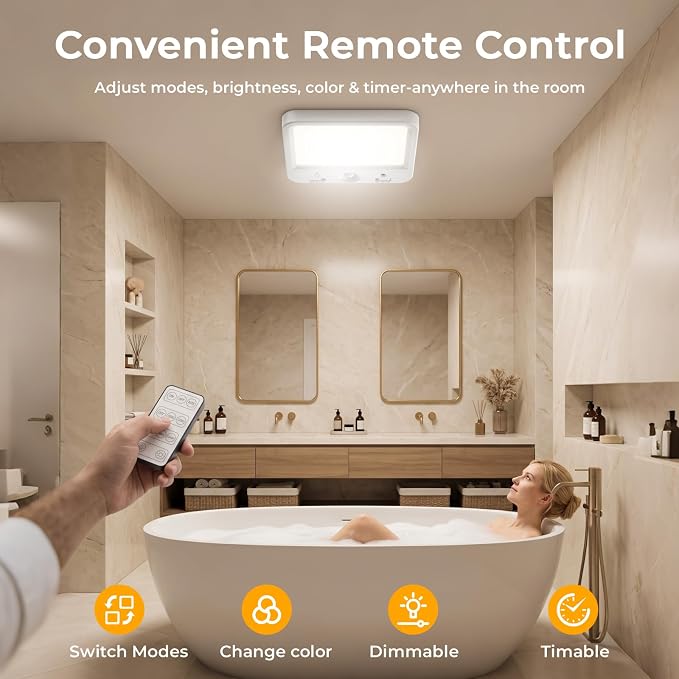 TANBABY Rechargeable Motion Sensor Ceiling Light, Wireless Remote, 7-Inch | Wireless LED Shower Light, 8000mAh Battery Long Lasting Closet Light, 3 Color Dimmable, Timer, No Wiring for Hallway Pantry